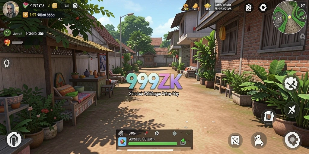 Screenshot utama 999ZK menampilkan karakter yang berinteraksi dalam simulasi kehidupan.