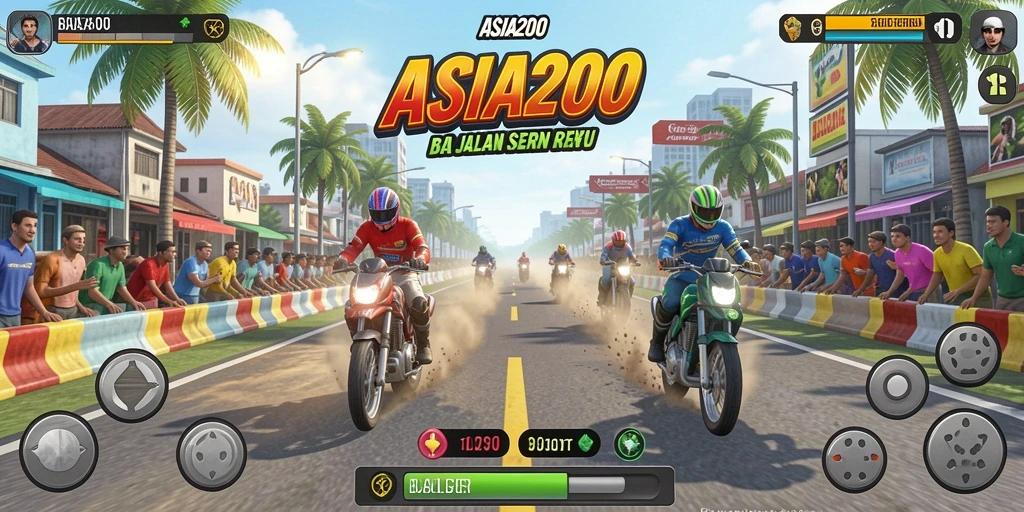 Screenshot gameplay ASIA200 menampilkan aksi balapan yang mendebarkan.