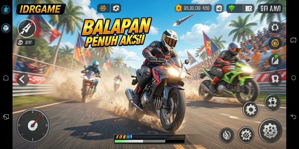 Tampilan gameplay yang menegangkan dalam balapan motor.