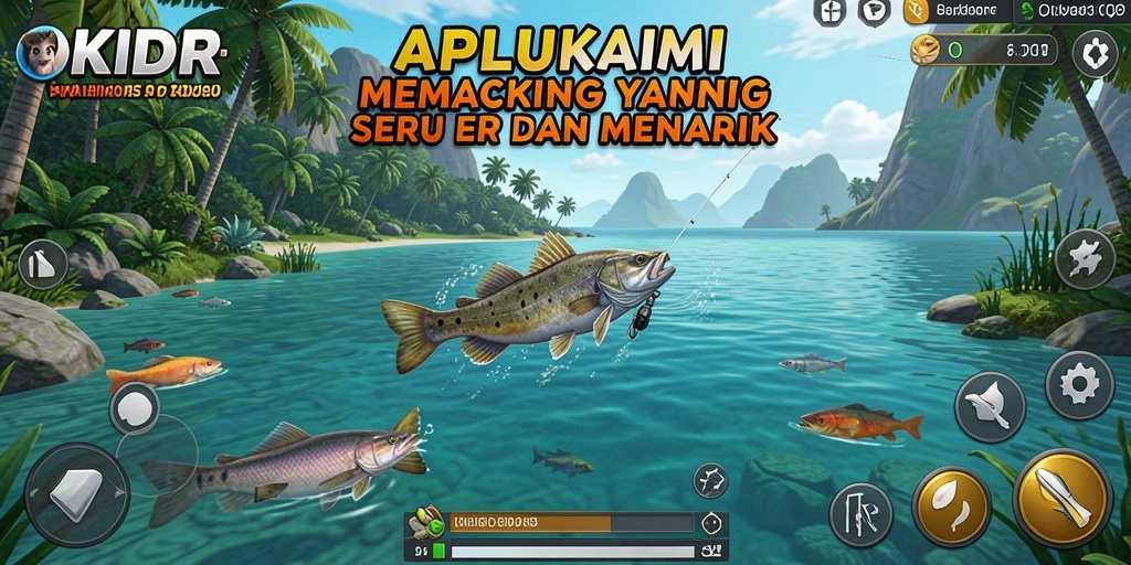 Screenshot gameplay OKIDR dengan pemandangan memancing yang menakjubkan.