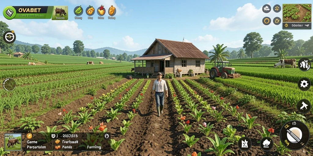 Tampilan gameplay <strong>OVABET</strong> dengan kebun yang indah dan beragam tanaman.