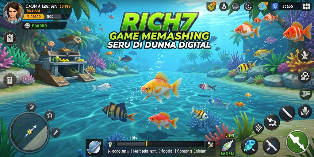 Screenshot utama RICH7 menampilkan pemain menangkap ikan di pemandangan indah.
