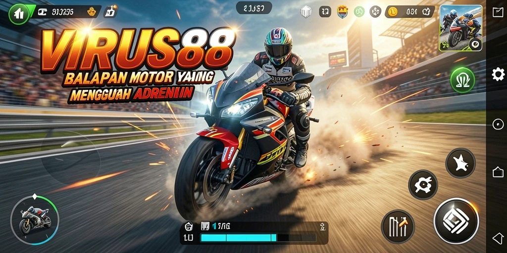 Screenshot gameplay VIRUS88 menampilkan aksi balapan motor yang mendebarkan.